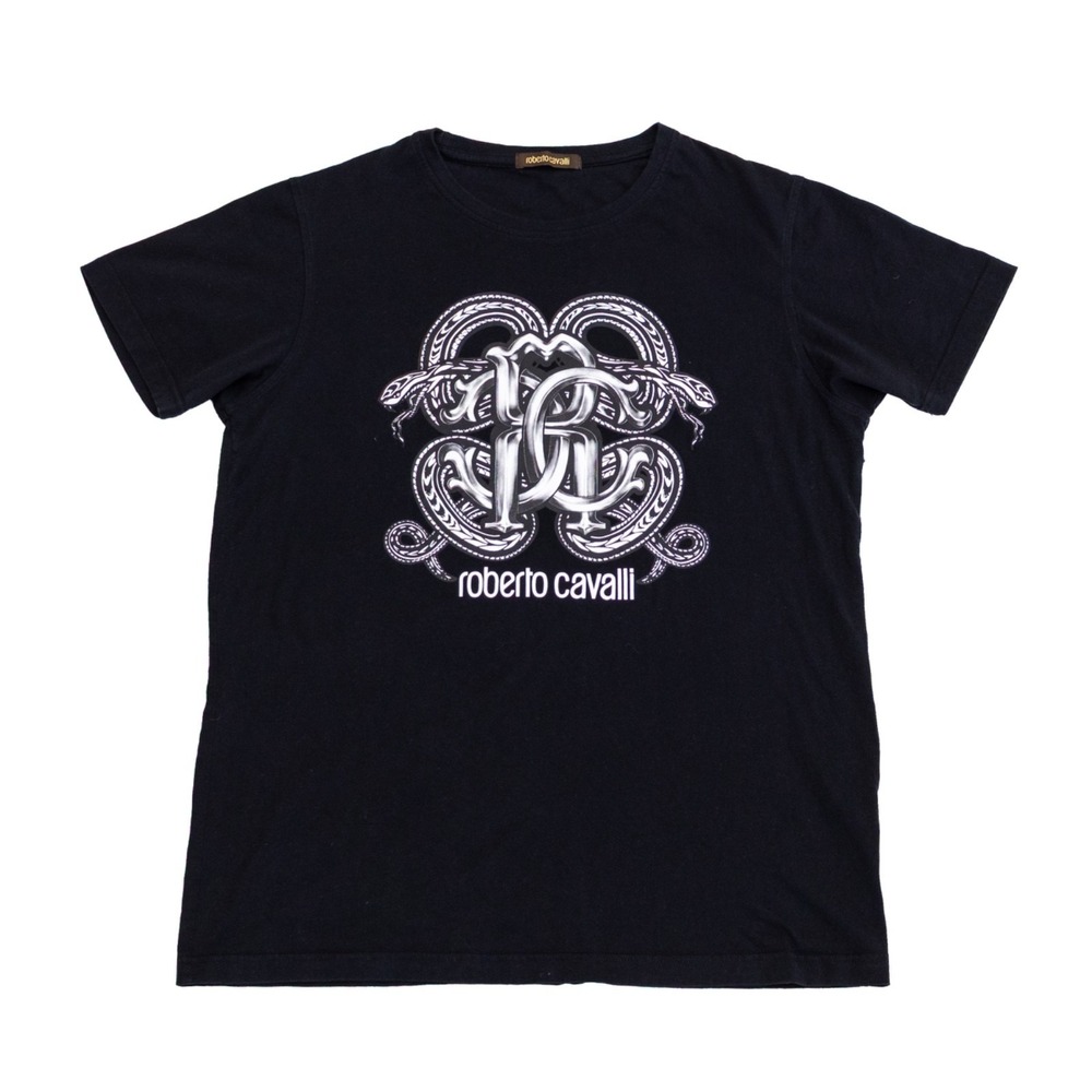 ROBERTO CAVALLI T-shirt Serigrafata Mens Black Short Sleeve Graphic Tee Size XXL